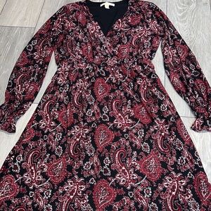 Michael Kors Size S Maroon Paisley Faux Wrap Waist/Sleeves Elastic Lined Dress